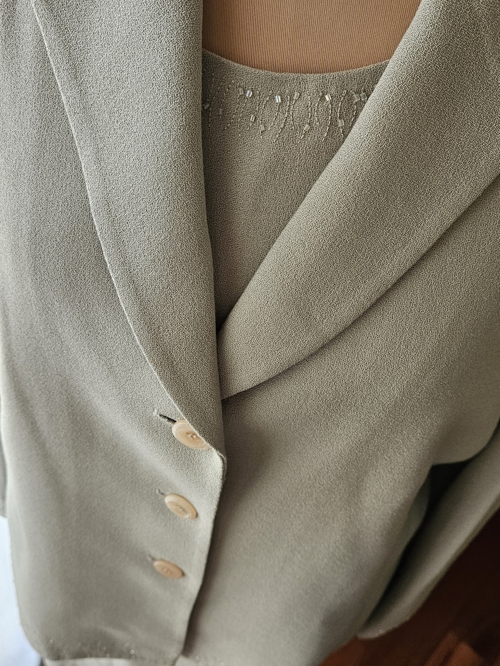 Kasper Women’s Sage Green 3 Pc Suit. Has Small Beaded Detail. Coat, Top & Skirt - Picture 7 of 16